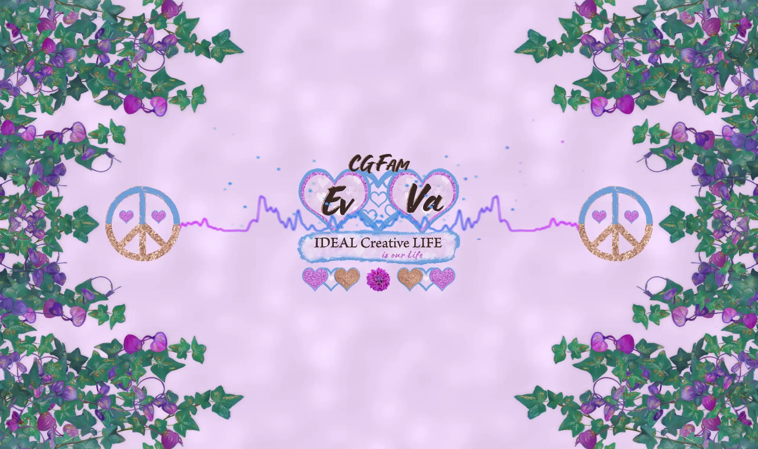 EvVa CGFam brand background with floral borders, peace symbols and central logo composition representing the Peace and Love slow Art Fashion Collection.