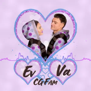 EvVa CGFam logo with a heart-shaped design featuring Evgenia and Valerius, symbolizing love, creative partnership and a fashion, art and music brand.