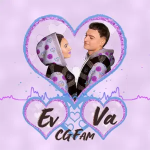 EvVa CGFam logo with a heart-shaped design featuring Evgenia and Valerius, symbolizing love, creative partnership and a fashion, art and music brand.